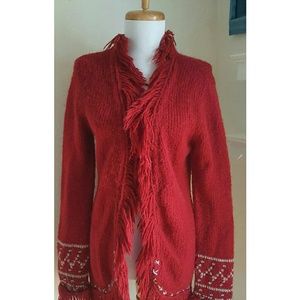 Free People Red Fringe Cardigan
